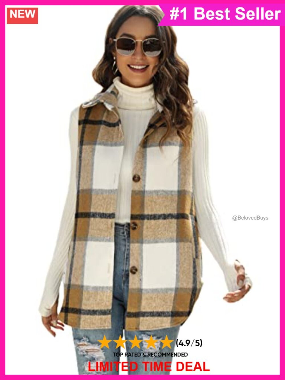 Plaid Flannel Sleeveless Vest Button Down Shacket Layering Fall